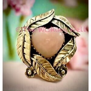 Pink Opal Heart Leaf Feather Motif Sterling Ring Size 7,8 or 9